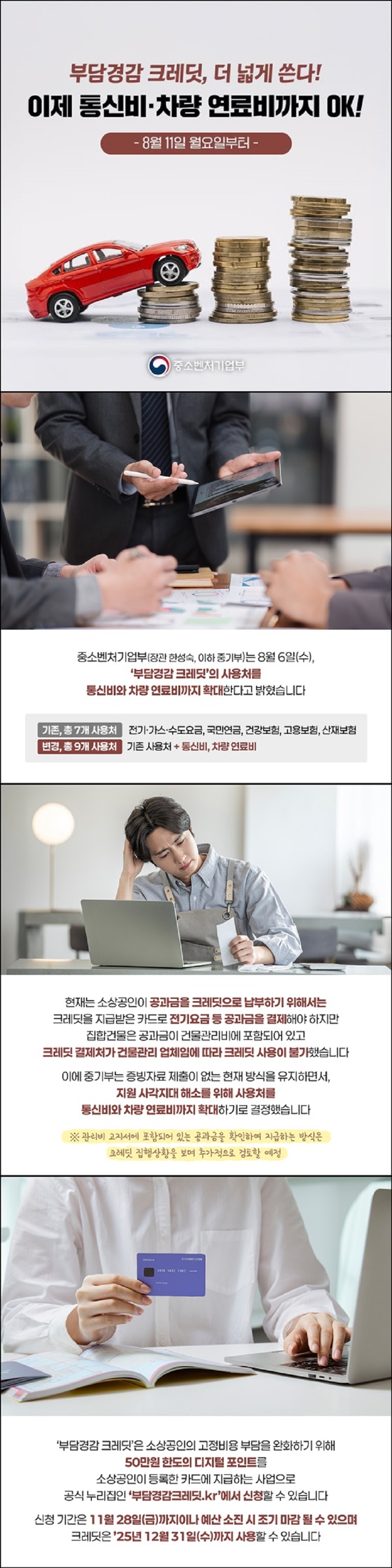 부담경감 크레딧, 더 넓게 쓴다! 이제 통신비 차량 연료비까지 ok! -8월 11일 월요일부터- 중소벤처기업부 중소벤처기업부(장관 한성숙, 이하 중기부)는 8월 6일(수), '부담경감 크레딧'의 사용처를 통신비와 차량 연료비까지 확대한다고 밝혔습니다. <기존, 총 7개 사용처> 전기·가스·수도요금, 국민연금, 건강보험, 고용보험, 산재보험. <변경, 총 9개 사용처> 기존 사용처 + 통신비, 차량 연료비. 현재는 소상공인이 공과금을 크레딧으로 납부하기 위해서는 크레딧을 지급받은 카드로 전기요금 등 공과금을 결제해야 하지만 집합건물은 공과금이 건물관리비에 포함되어 있고 크레딧 결제처가 건물관리 업체임에 따라 크레딧 사용이 불가했습니다. 이에 중기부는 증빙자료 제출이 없는 현재 방식을 유지하면서, 지원 사각지대 해소를 위해 사용처를 통신비와 차량 연료비까지 확대하기로 결정했습니다. ※ 관리비 고지서에 포함되어 있는 공과금을 확인하여 지급하는 방식은 크레딧 집행상황을 보며 추가적으로 검토할 예정. '부담경감 크레딧'은 소상공인의 고정비용 부담을 완화하기 위해 50만 원 한도의 디지털 포인트를 소상공인이 등록한 카드에 지급하는 사업으로 공식 누리집인 '부담경감크레딧.kr'에서 신청할 수 있습니다.신청기간은 11월 28일(금)까지이나 예산 소진 시 조기 마감될 수 있으며 크레딧은 '25년 12월 31일(수)까지 사용할 수 있습니다.